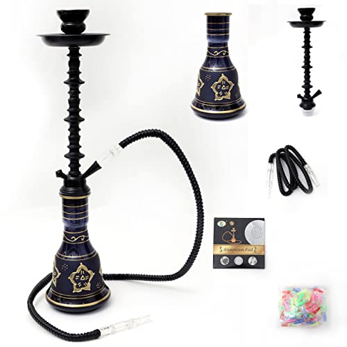 MAKA 20'' Premium 1 Hose Hookah Complete Set-Mini Shisha Glass Vase Portable Design Modern Shisha Hookah Kit with Hookah Accessories Contain 100 Mouth Tips (Glass black1), BLACK-1
