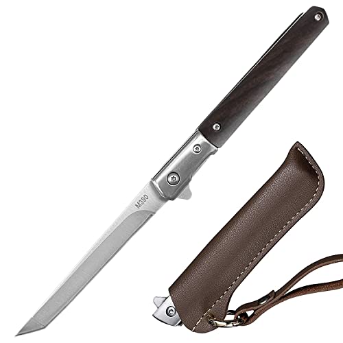 EDC Folding Pocket Knife with Sheath, Tanto Blade, Wood Handle, Flipper Open, Liner Lock, Gentleman's Knives Slim Knifes for Men Everyday Carry Outdoor Survival Camping