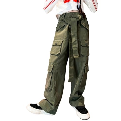 Image of Rolanko Girls Cargo Pants Baggy Y2K Cargo Trousers Jeans Wide Leg Pants with Multi Pockets 4-15 Years