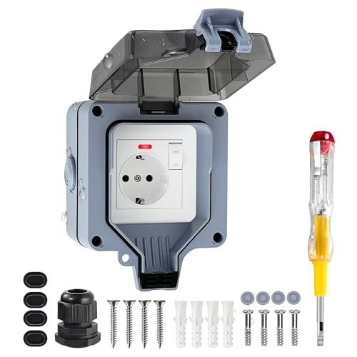 Vonsera Prise Extérieure étanche IP66, Prise Exterieure Etanche avec Interrupteur, Voyant Lumineux, 1 Voie Prise Anti-Poussière et Coupe-Vent avec Couvercle...