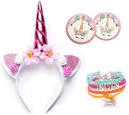 Rainbow Unicorn birthday Gift Set Flower Unicorn Headband Ears Photo Props/Handmade Unicorn Bracelet/Unicorn Brooch Pin Badge for Girls Adults Birthday Perfect Unicorn Gifts Unicorn Party Favors