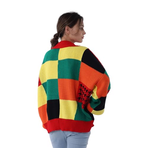 Women’s Color Block Patchwork Cardigan Oversized Crochet Cardigan Sweater Long Sleeve Knitted Button Clothing3