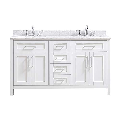 Ove Decors Maya 60 Set Bathroom Vanity Freestanding Cabinet, 60 inches, Pure White with Carrara Natural Marble Countertop