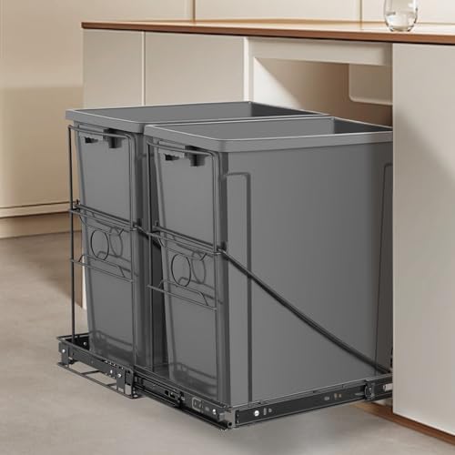 Double Pull Out Trash Can, Side Pull Stainless Steel Kitchen Adjustable Trash Slide Out Shelf, Cabinet Trash Can Pull Out Kit, Fit Two 7-11 Gallon Bins (No Bin Included, Black)