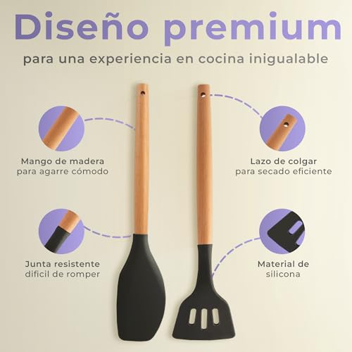 JUPPLIES Juego de Utensilios de Cocina de Silicona 12 Piezas con Mangos de Madera y Soporte Organizador – Set Antiadherente Resistente al Calor – Apto para Todas Las Ollas y Sartenes - Negro - imagen 4
