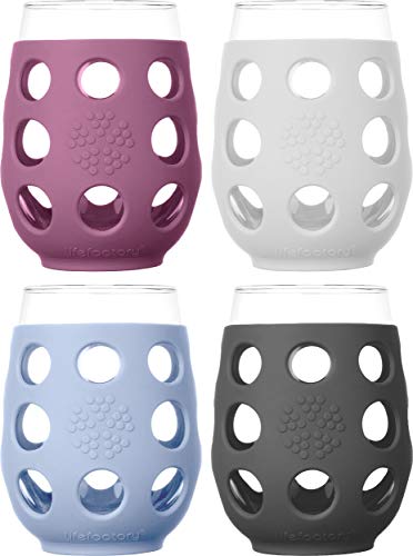 Lifefactory Wine Glass with Protective Silicone Sleeve, 4 Count (Pack of 1), Carbon, Optic White,...