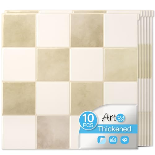 Art3d 10-Pack Heavy-Duty Peel and Stick Backsplash 12x12 Inch Self-Adhesive Wall Tile Stick on Kitchen Countertop Beige and White