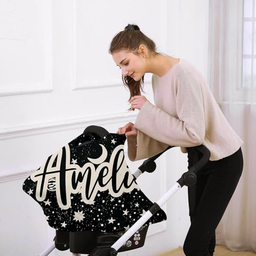 Image of Custom Name Car Seat Canopy - Baby Car Seat Covers, Infant Stroller Cover, Black Pattern Carseat Canopy Christmas Birthday Gifts for Girls and Boys