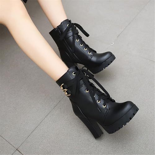 Image of FOREADA Goth Boots Chunky Heel Boot For Women Ankle Combat Booties Black Platform Bootie Buckle Rivets Punk Goth Shoes With Zipper