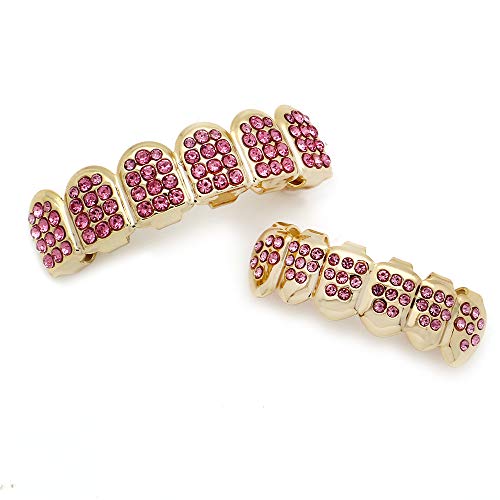 18K Gold Plated Iced Out Cz With Red Blue Pink Diamond Top And Bottom Grills For Your Teeth Men Women Hip Hop Jewelry #TOP6
