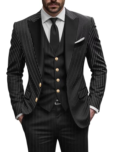 CKGJLJ Regular Fit Suit Mens 3 Piece Black Pin Stripe