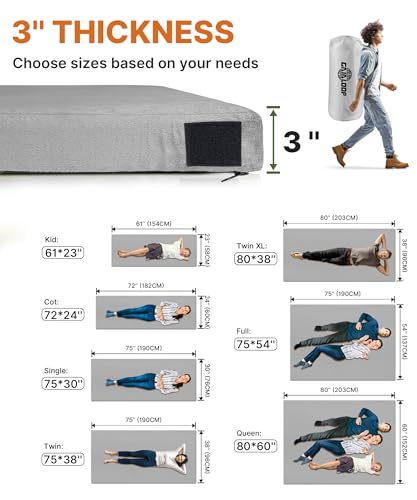 Image of GAIALOOP 3 Inch Memory Foam Camping Mattress, Dual Layer Thick Sleeping Camp Pad for Car Tent Cot, Roll-Up Portable Glamping Floor Bed for Guests Sleepover