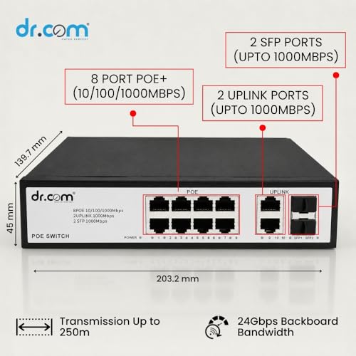 Image of dr.com 12 Port Gigabit PoE Switch with 8 PoE Ports 2 Uplink Ports and 2 SFP Slots 10 /100 /1000 Mbps 120W Power IEEE 802.3af /at Network Switch for CCTV Plug and Play Metal Body Black