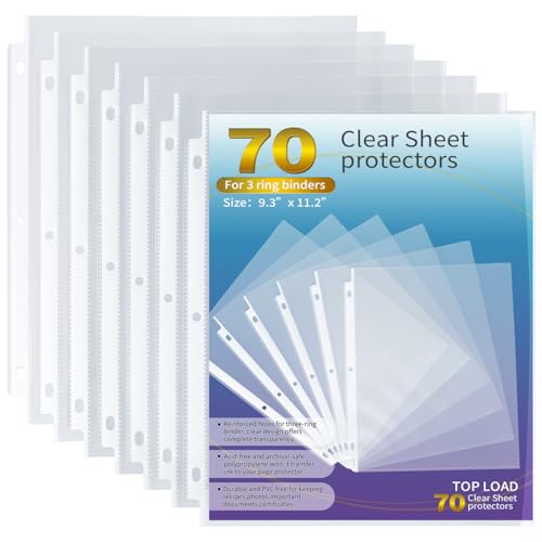 Tamaki Sheet Protectors for 3 Ring Binder, 70 Pack Premium Clear Page Protector 8.5 x 11 inch, Plastic Sleeves Top Loading Paper Sheets Document Sleeve Letter Size