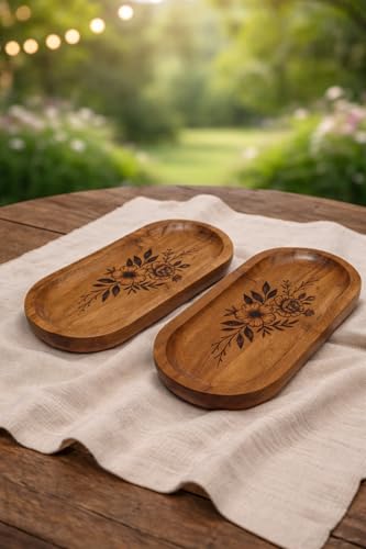 Image of Wooden Jewelry Tray, Oval Shape, L x B x H = 10 x 5 x 0.5 Inch Floral Design, Natural Wood Finish, Organizer for Rings, Necklaces, Earrings And Snacks Serving (Flower 2)