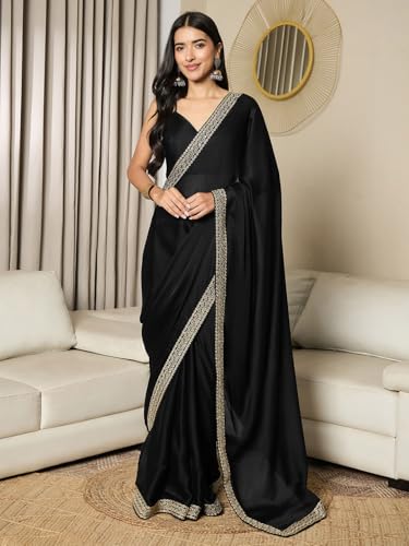 Image of AKHILAM Women's Satin Solid Ready To Wear one Minute Saree with Unstitched Blouse Piece