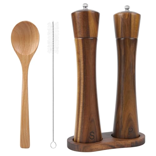 Salt Pepper Grinder|Salt and Pepper Grinder Set Wooden| 2 Piece Acacia Wooden Salt & Pepper Mills with Tray Spoon and Brush Pepper Mills Shaker Rotor Grinders 10Inch Brown