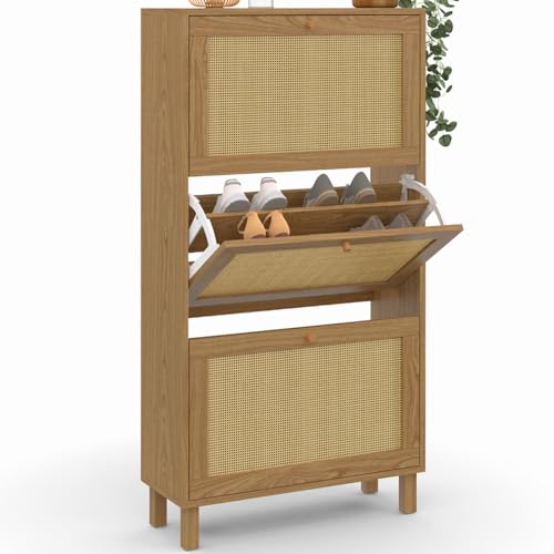 IDMarket - Meuble à chaussures 18 paires vintage HANAE 3 portes effet naturel cannage