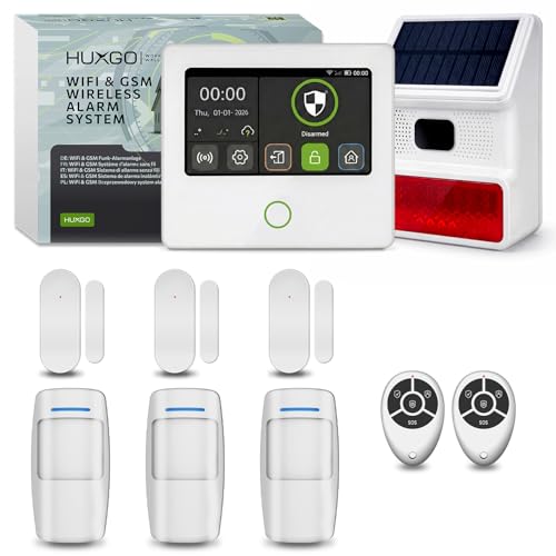 HUXGO® HXA502 Kit Alarme sans Fil WiFi + GSM 4G | Système d’Alarme avec Sirène Solaire, 3X Détecteurs PIR, 3X Capteurs d’Ouverture | Idéal pour...
