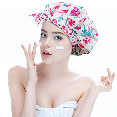 Shower Cap for Women, Waterproof & Reusable Bath Caps for Long Hair, Oversized Stylish Printed Shower Hat with Elastic Band and Tie Bow for All Hair Lengths, Home Salon SPA Treatment (A)