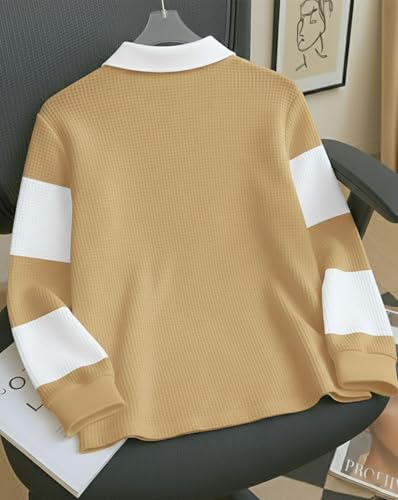 Image of Mens Stylish Half Zip Tshirt, Texture Striped Casual T-Shirt for Men, Formal Collared Neck Full Sleeves T-Shirt for Boys
