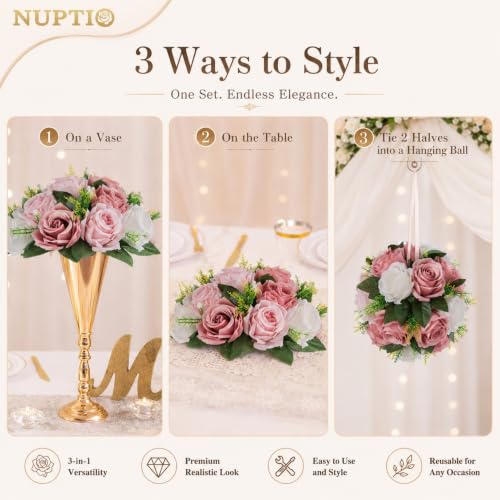 Image of NUPTIO Flower Balls for Table Centerpieces: Dusty Pink & White Fake Flowers