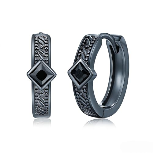 Pendientes de aro negros para hombre y pequeños aretes de circonita cúbica negra 925