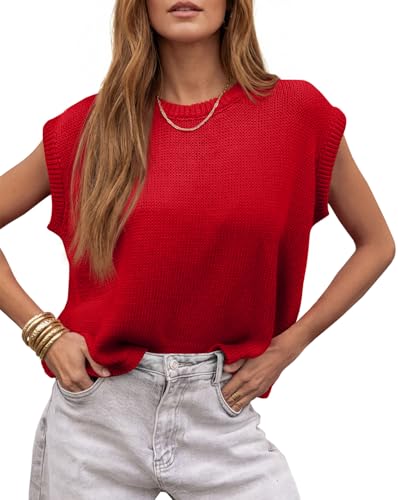 Image of Saodimallsu Womens Summer Cap Sleeve Tops 2026 Waffle Knit Going Out Casual Loose Crew Neck Lightweight Sweater Vest