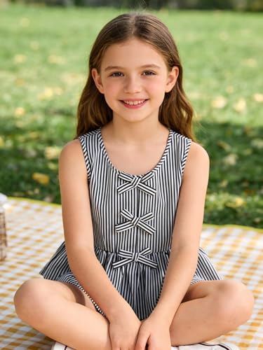 Image of Girls Bowknot Tank Tops Sleeveless Striped Shirts Cotton Peplum Babydoll Top