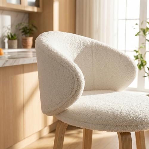 LukeAlon Butacos de Bar de 26 pulgadas, Set de 2 unidades, Color Blanco | Tapizados en Sherpa, Altura para Isla de Cocina, Soporte Lumbar y Patas de Madera, Estilo Mid-Century Moderno miniatura 5
