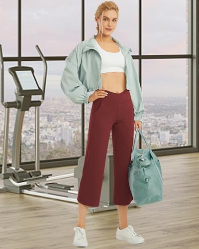 Image of G4Free Capri Pants for Women Wide Leg Yoga Dress Capris with Pockets Cross Loose Casual Work Crop Pants