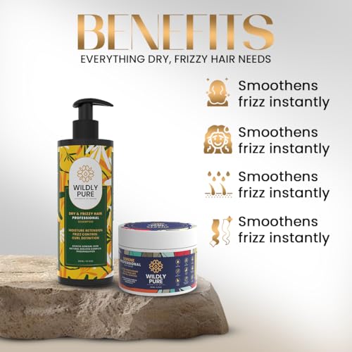 Image of WILDLY PURE Frizz Control Shampoo and Hair Mask Combo for Dry & Frizzy Hair, with Hyaluronic Acid, Natural Biolipids & Acacia Senegal Gum, 300mL + 200mL