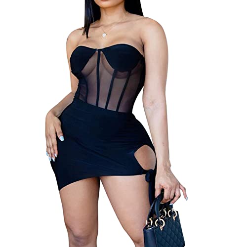 hibshaby Sexy Bodycon Midi Dress, Lace Mesh Sheer Off The Shoulder Sleeveless Bodycon See Through Mini Dress Party Skirt Outfits Black XLarge