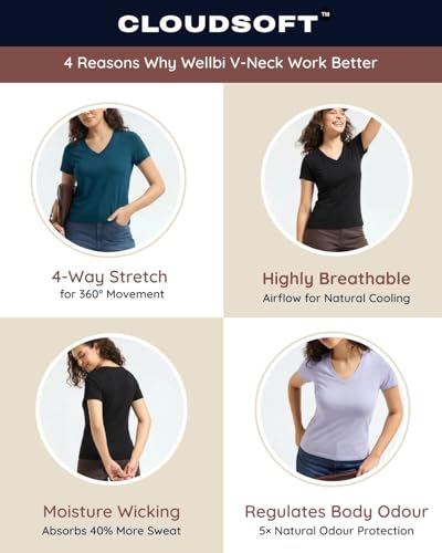 Image of Wellbi Women's Bamboo V-Neck T-Shirt | Ultra Soft, Breathable, Cooling, Stretch Tee for Workout, Yoga, Gym & Everyday Wear | Eco-Friendly Top for Girls, Lightweight & Comfortable Top