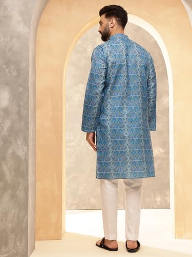 Image of SOJANYA Men's Multicolor Green Artistic Geometric Print Ethnic Wear Cotton Kurta