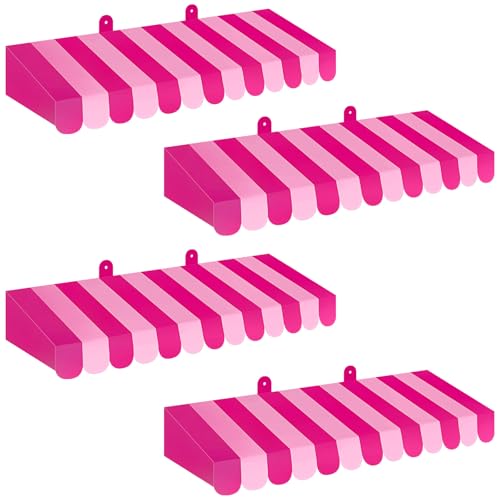 Image of Boao 4 Pcs 3D Cardboard Awning Decor,Rose Pink and Pink,Striped Style | Paper Awning, Circus Carnival Theme, For Bulletin Board, Lemonade Stand, Bakery & Ice Cream Truck, Wall Window Backdrop