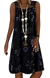 Onsoyours Damen Strandkleid Boho Tunika Sommerkleid Elegant Casual Rundhals Blumenkleid Loose T-Shirt Kleid Floral Knielang Strandkleid A Schwarz 42