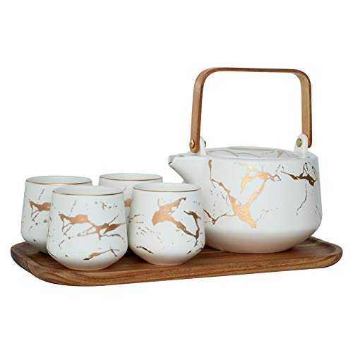 Sunddo White Marble Tea Service Set Ceramic Large Tea Pot (40 OZ), 4-Piece