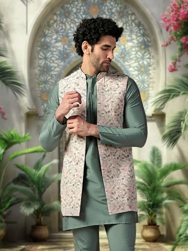 Image of KISAH Men's Kurta Jacket Churidar Set, Multi Cotton Blend, Printed Regular Fit Mandarin Collar Full Sleeves