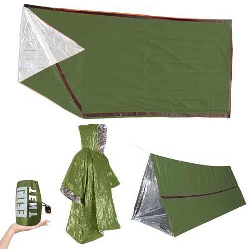 LEKEFETO Bolsa de vivac de emergencia reutilizable, tienda de campaña de emergencia con bolsa de transporte y silbato y poncho de lluvia de emergencia, tienda de rescate para camping, senderismo,