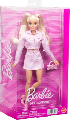 Image of Barbie Deluxe Style Doll #9 in Pink Denim Outfit, Blonde Hair, Matching Jacket and Skirt Set with Accessories Like Bow Clutch and Pearly Jewelry