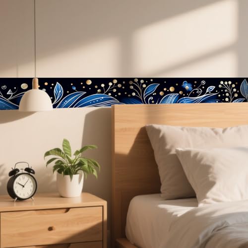 Image of Nuxovilar Dark Blue Gold Botanical Peel Stick Wall Border PVC 3.94x16.4'