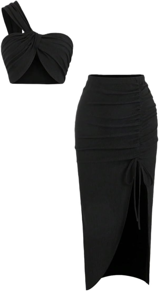 Lounge Sets for Women 2 Piece Asymmetrical Neck Ribbon Tie Pleated Summer Top And Skirt Set