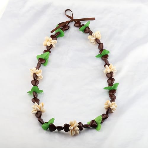 KUIYAI Hawaiian Kukui Nut Necklace with Chunky Heart-Shaped Beads Ribbon Tie Closure3