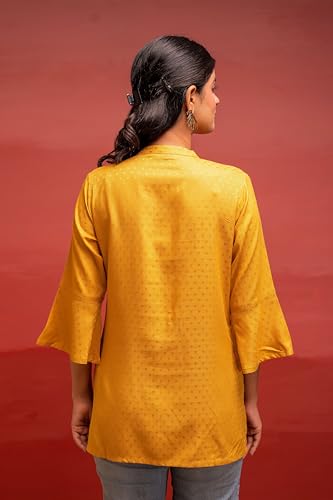 Image of Juniper Mustard Polka Dot Viscose Tunic with Thread Work, Mirror & Button Detailing