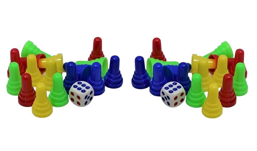 HK Sports 2 Sets of Ludo Tokens & Dice Shaker, Safe & Durable Plastic, Standard Size for Board Games