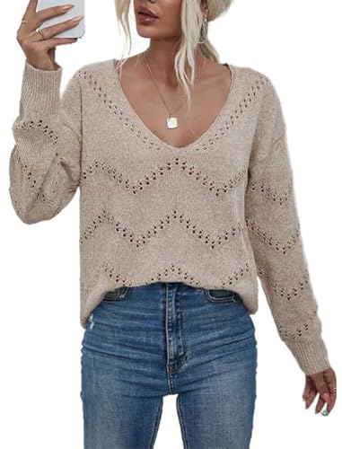 Poetsky Womens Sweaters Casual Long Sleeve Shirts Crochet V Neck Pullover Tops Knit Off Shoulder Sweater Top