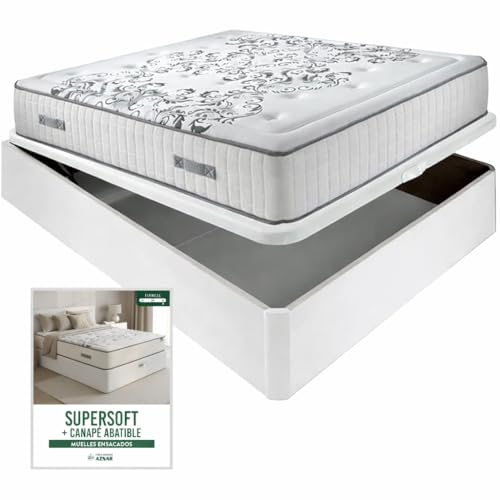 Aznar Pack Colchón Muelles Ensacados Queen 28 Cm Firmeza Alta Confort Gradual + Canapé Abatible Madera Roble Altura 34 Cm Transpirable Refuerzo 5 Barras Silencioso Estable 135x190cm