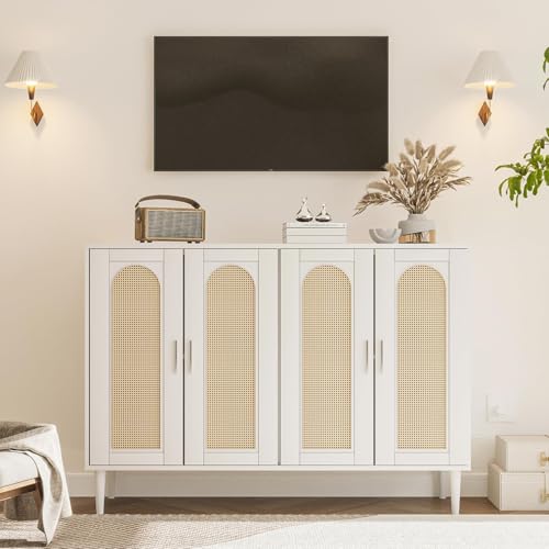 Rattan Buffet Cabinet with Storage,Sideboard Cabinet with 4 Doors and Adjustable Shelves, Console Coffee Bar with Charging Station, Boho Wood Cupboard for Kitchen, Livingroom and Dining Room,Entryway