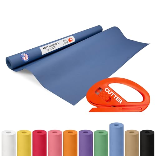 Image of Blue Kraft Paper Roll 36 inch x 1200 inch (100 feet) with Cutter - USA-Made Wrapping Paper for Packing, Moving, Shipping & Crafts /Arts - 100% Recyclable Natural Craft Material by IDL Packaging